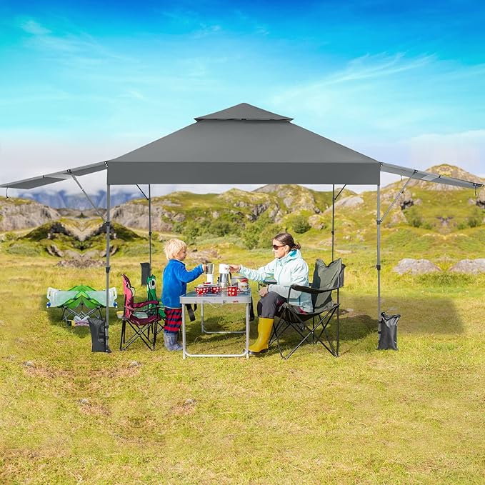 Tangkula 10x17.6 Ft Pop Up Canopy with Adjustable Dual Awnings, 2 Tier Outdoor Canopy Tent with 8 Stakes, 4 Ropes, 4 Sand Bags, Wheeled Bag, Easy Setup Instant Tent for Patio, Market, Picnic
