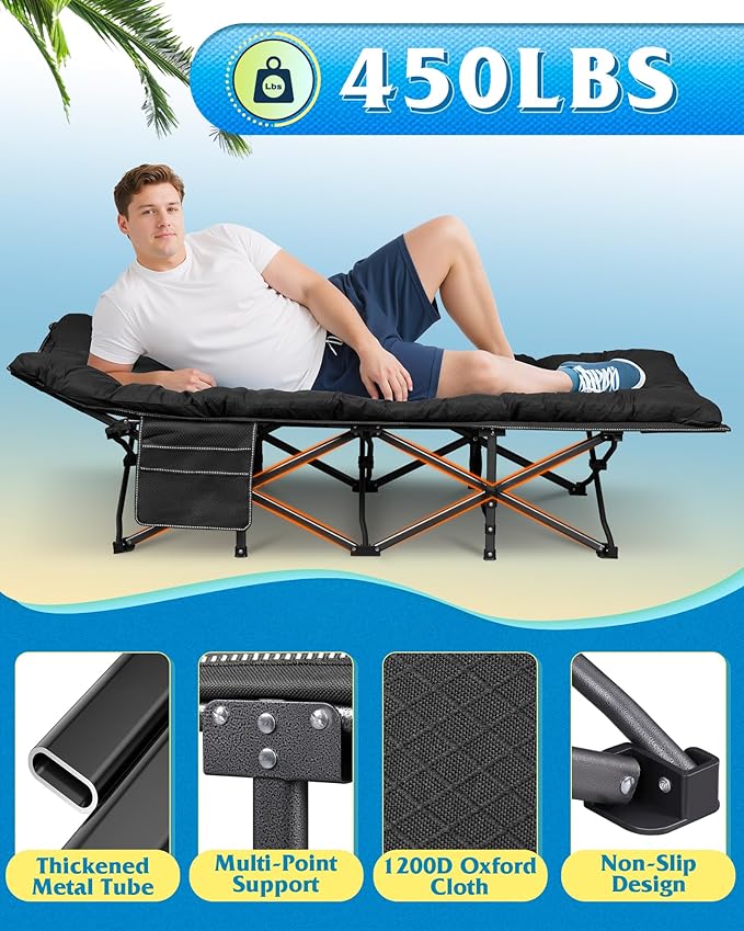 WLIVE 1200D Double Layer Oxford Camping Cots for Adults, Folding Sleeping Cot with Mattress, Outdoor Portable Bed with Carry Bag for Resting, Camping, Black