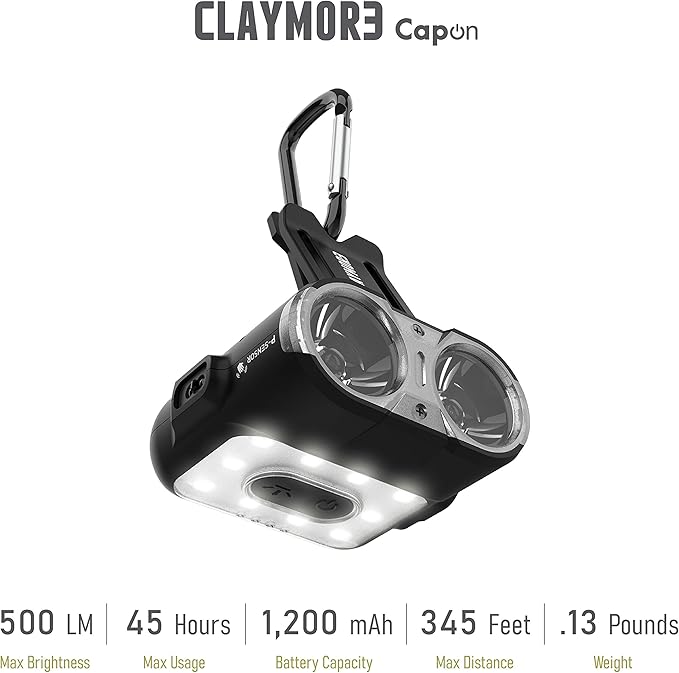 Claymore Capon 120H (Tan) - LED Rechargeable Clip-On Cap Headlamp, Lightweight Hat Light for Camping, Running, Hiking, Emergency & Industrial Use, Waterproof, USB-C, Up to 45 Hours of Battery Life.