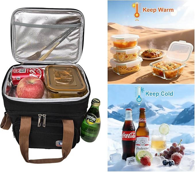 Insulated Lunch Box for Men Women Double Decker Lunch Bag Leakproof Camping Cooler Bag Durable Lunch Pail Work Beach Outdoor Trips Picnic Food & Drink Thermal Lunchbox, 14L (Black)