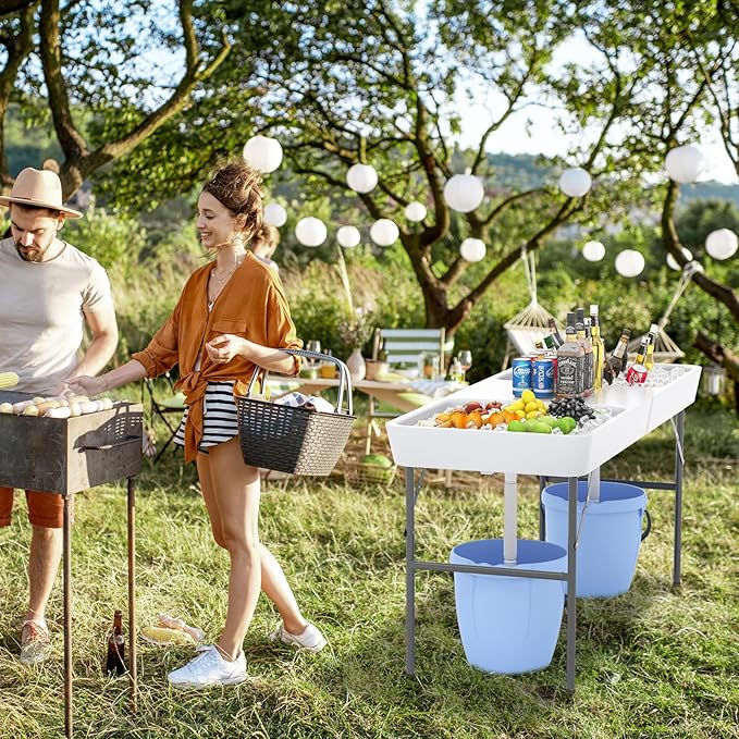 Giantex 5 FT Folding Ice Table with Double Sinks and Drains, Portable Ice Cooler Table with Removable Skirt, No Assembly, Foldable in Half, Fill and Chill Stand for Party Camping BBQ Wedding, White