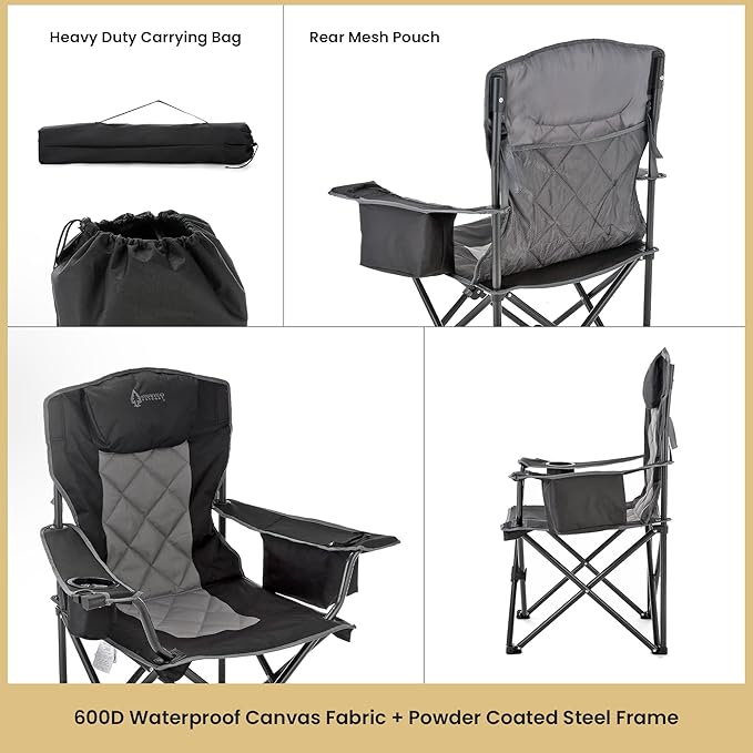 ARROWHEAD OUTDOOR 2-Pack Portable Deluxe Folding Camp Quad Chair w/Headrest, Glass & Cup Holders, Armest 6-can Cooler, Heavy Duty Carry Bag, 550 lbs Weight Capacity