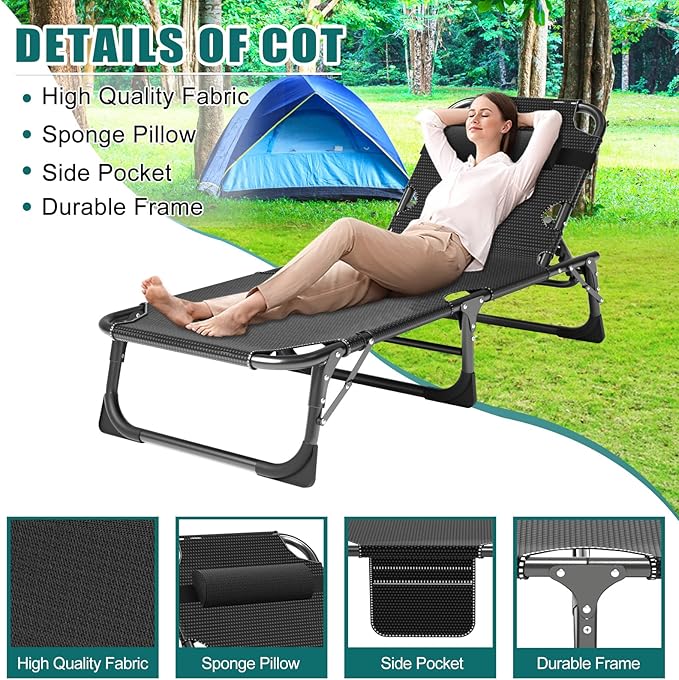 DoCred Folding Lounge Chair with Mattress, 5 Position Adjustable Folding Sleeping Bed Cot Chaise Lounge Chairs Perfect for Sunbathing, Camping, Pool, Beach, Patio
