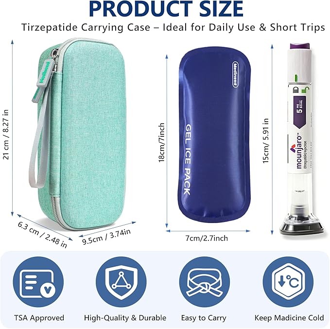 Portable Insulated Cooler Travel Case Fits 2 Zepbound or Mounjaro Injector Pens, Tirzepatide Travel Case TSA Approved with 2PCS Reusable Ice Packs, EVA Medicine Organizer for Daily Use (Green,Small)