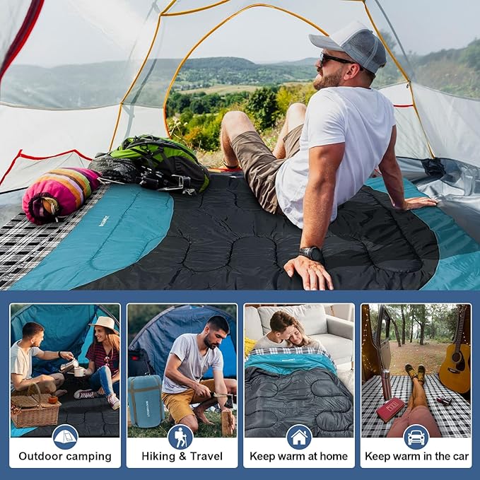 Double Sleeping Bag for Adults Machine Washable 2 Person Camping Sleeping Bag Queen Size Waterproof with Compression Sack for Cold Weather 3-4 Seasons
