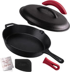 Cuisinel Cast Iron Skillet with Lid - 12"-inch Pre-Seasoned Covered Frying Pan Set + Silicone Handle & Lid Holders + Scraper/Cleaner - Indoor/Outdoor, Oven, Stovetop, Camping Fire, Grill Safe Cookware