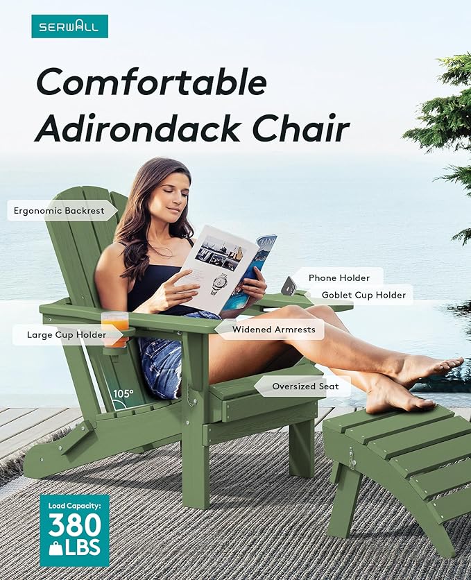 SERWALL Adirondack Chair with Cup Holders - Composite Adirondack Chairs HDPE Outdoor Chairs All Weather Use- Avocado