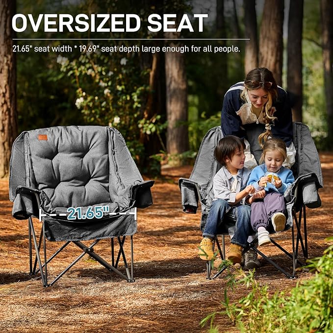 EVER ADVANCED XL Camping Chair with Detachable Cushion, Mesh Chair for Adults Foldable, Oversized Heavy Duty Folding Chair with Cooler Mesh Pocket Cupholder Outdoor Fishing, Supports 400LBS Grey