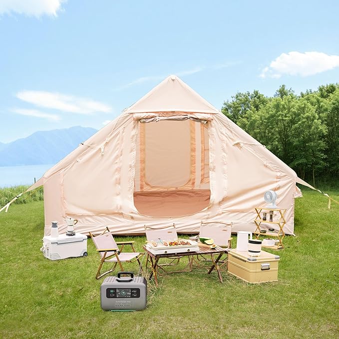 KEIKI Oxford Hot Tent for Camping, 2/3/4/6/8 Person Large Inflatable Tents w/Detachable Canopy, 4 Season Waterproof Tent for Hike Backpacking, Stove Jack AC Port, Mesh Doors Windows, Pump, Easy Setup