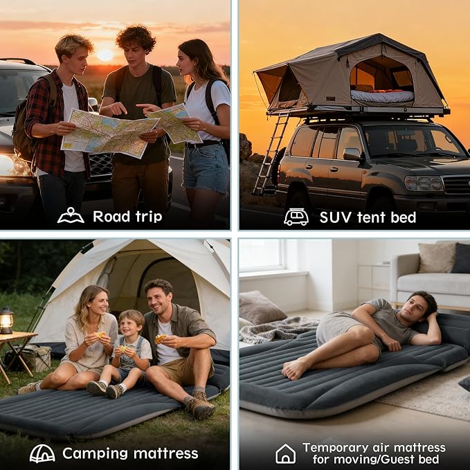 SUV Air Mattress, Double-Sided Thick Flocked Car Air Mattress with Built-in Pump & Pillow, Complete Sleeping Accessories for Auto Camping & Road Trips（Dark Gray）
