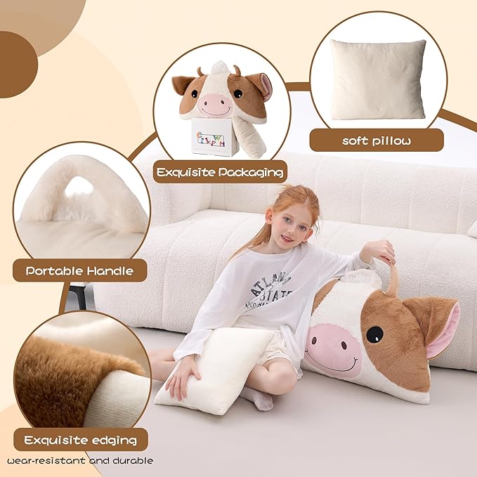 70" 4.2lbs Cow Thickened Kids Nap Mat for Preschool, Daycare,Kindergarten,Soft Washable for Boys and Girls, 2-in-1 Stuffed Animals Sleeping Bag and Pillow, Sleep Sack for Toddlers