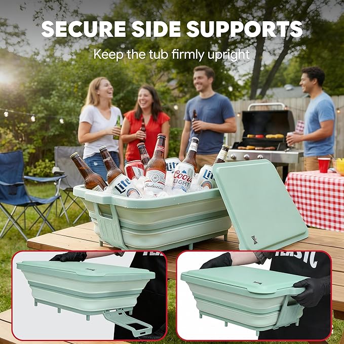 9-IN-1 Collapsible BBQ Prep Tub with Cutting Board, Portable Grill Prep Station with Side Brackets, Lids, Knives, Meat Claws and Drain Rack, Space-Saving for Kitchen, RV, Camping, Green
