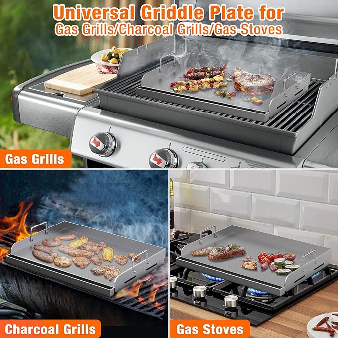 Griddle for Gas Grill, Universal Fry Griddle Flat Top Plate, 17" x13” Metal Cooking Griddle Pan Flat Top Rectangular Plate with Removable Handles for Gas Stove/Charcoal/Gas Grills