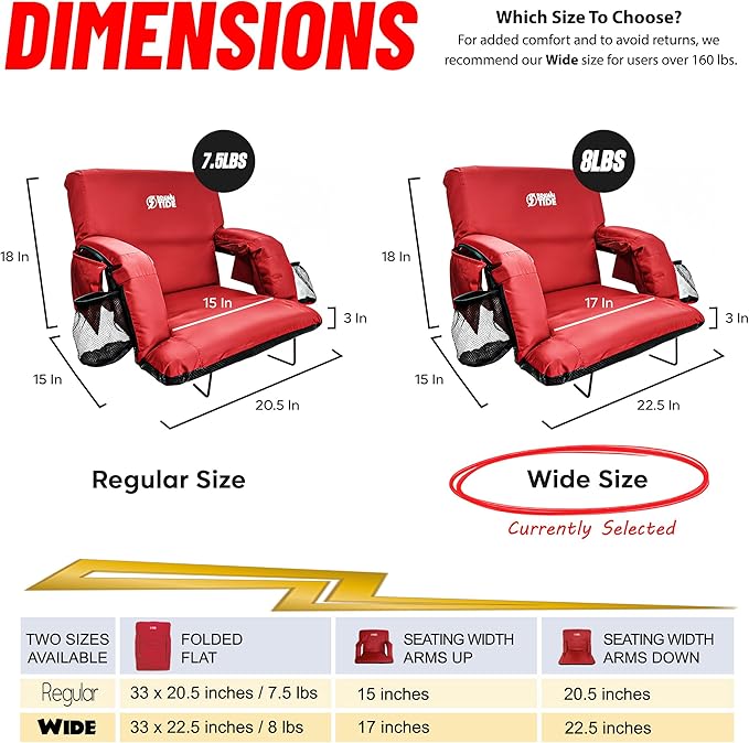 BRAWNTIDE Stadium Seat for Bleachers with Back Support - Wide Padded Reclining Bleacher Seat, Portable Folding Stadium Chair with Armrests, Hooks, Straps, Cup Holders & Pockets for Games & Concerts