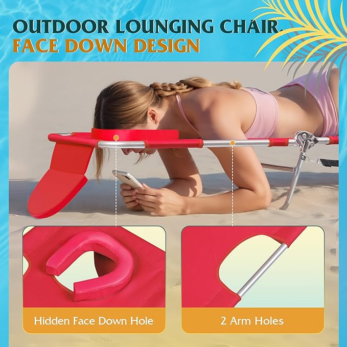 WLIVE Beach Lounge Chair for Adults, 4-Position Folding Tanning Chairs with Face Hole, 2 Legs Support Portable Outdoor Chair for Beach, Pool, Red