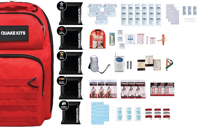QK 6-Person, 72hr Prepared Survival Kit for Disaster Preparedness - Emergency Go Bag with Food and Water, First Aid, and Preparedness Tools. Emergency Kit for Earthquakes and Other Disasters.