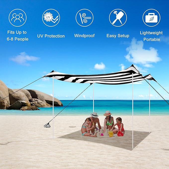 Beach Tent, Beach Canopy Sun Shade UPF 50+, Portable 10×10 FT Camping Sun Shelter with Sandbags, Poles, Ground Pegs and Anti-Wind Ropes for Outdoor, Backyard, Picnics, Fishing-Black Stripe