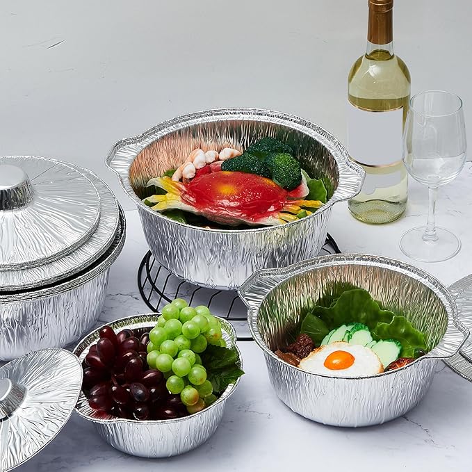 Disposable Aluminum Pot with Lid Round Foil Pans Disposable Cookware Food Container for Vacation Trips Camping Baking Heating Cooking(12 Pcs,33.8, 67.6, 121.7 oz)