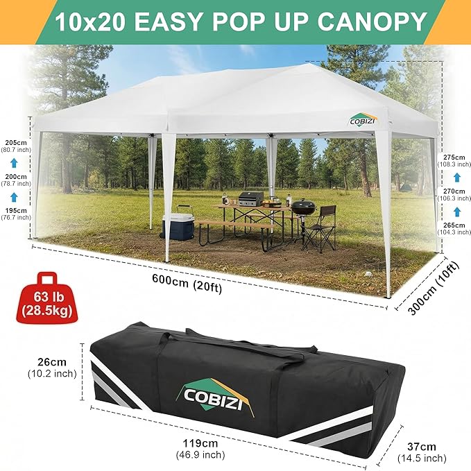 COBIZI 10x20 Pop Up Canopy Tent Commercial Instant Shelter with 6 Sidewalls, Durable Waterproof Portable Gazebo UPF 50+ for Outdoor Party, Wedding, Vendor Events (White)