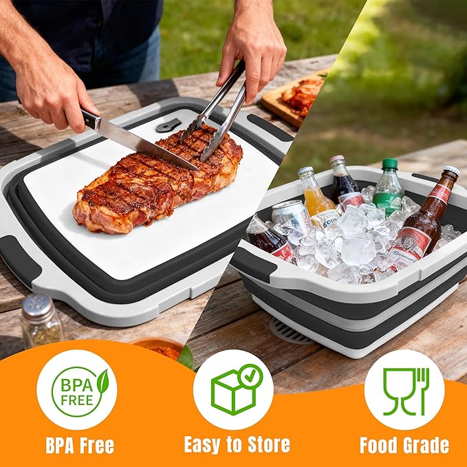 Collapsible BBQ Prep Tub with Cutting Board & Lid, Folding Food Container BPA-Free Heavy-Duty, Dishwasher Safe, Upgraded Drain Hole - for Camping, Grilling Outdoor Cooking (Black, X-Large)