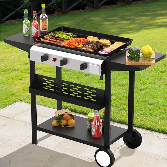 SKOK 3 Burner Gas Griddle- 23.3 Inch Outdoor Propane Griddle-30000 BTU Propane Fuelled, Portable Flat Top Gas Grill Camping Griddle Station for Kitchen, BBQ, Camping Tailgating