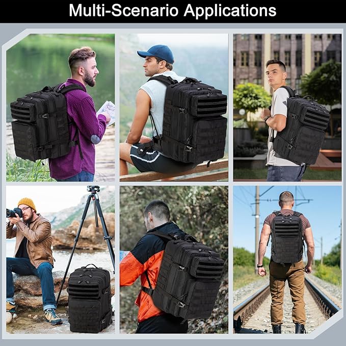 Tactical Backpack 45L Army Military Rucksack, Water Resistant MOLLE EDC Pack, Large 3 Day Bug Out Bag for Men & Women, Durable Outdoor Gear for Hiking, Camping, Hunting, Fishing,Travel (Black)