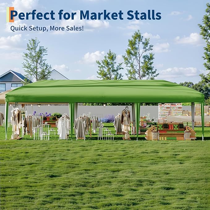 10x30 Pop Up Canopy - Heavy Duty Outdoor Canopy Tent with Portable Roller Bag - 3 Adjustable Height, 4 Weight Bags, 8 Stakes & 6 Guy Ropes Included, Green