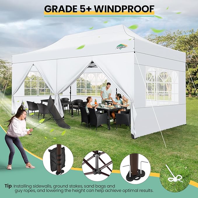 COBIZI Heavy Duty 10x20 Pop up Canopy Tent with 6 Sidewalls, Commercial Instant Canopies Tents for Parties Waterproof Gazebos with Roller Bag, All Season Wind & Waterproof UPF50+,Thickened Frame