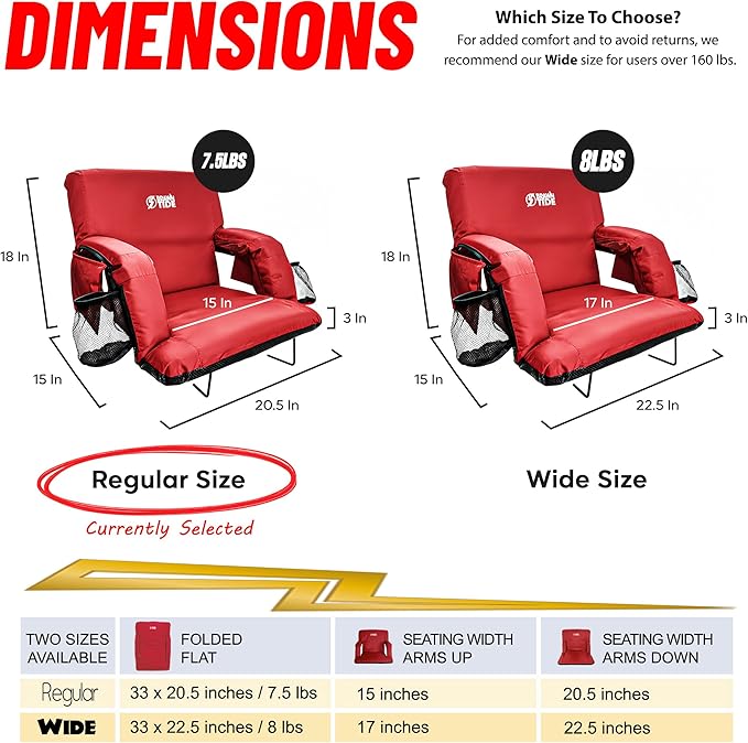 BRAWNTIDE Stadium Seat for Bleachers with Back Support - Wide Padded Reclining Bleacher Seat, Portable Folding Stadium Chair with Armrests, Hooks, Straps, Cup Holders & Pockets for Games & Concerts