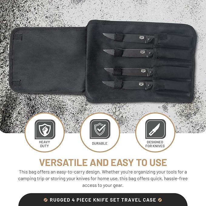 DFACKTO 4-PC Tactical Rugged 4.5 Inch Steak Knife Set - High Carbon Stainless Steel Stonewashed Knives in Kit, w/Black Travel Case & G10 Handles for Kitchen Cutlery for Camping & Cooking Utensils