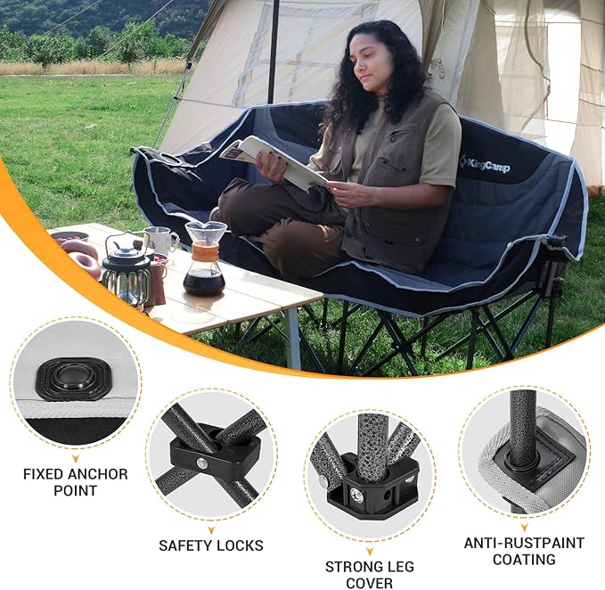 KingCamp 3 Person Camping Chair, Oversized 660lbs Heavy Duty Loveseat for Adults Portable Folding XL 2 Person Couch Padded Comfortable Three Seat with Cup Holder for Outdoor Lawn Backyard, Black/Grey