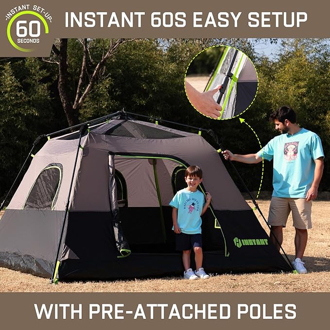 4/6/8 Person Instant Tent, Waterproof Pop Up Tents for Camping with Rainfly, 60 Seconds Easy Setup, Automatic Cabin Tent for Family Camping with Expandable Carry Bag & Upgraded Ventilation
