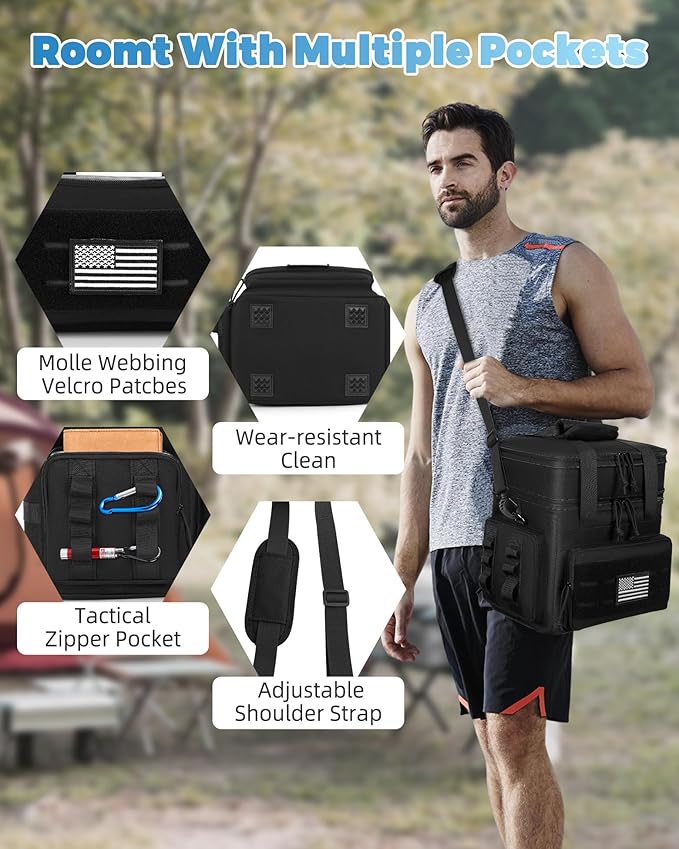 Tactical Lunch Bag & Lunch Box for Men - Large Double Deck Expandable Insulated Soft Adult Lunchbox for Work - Cooler Bag for Beach, Picnic, Camping,Outdoor，Travel (Black,16L)