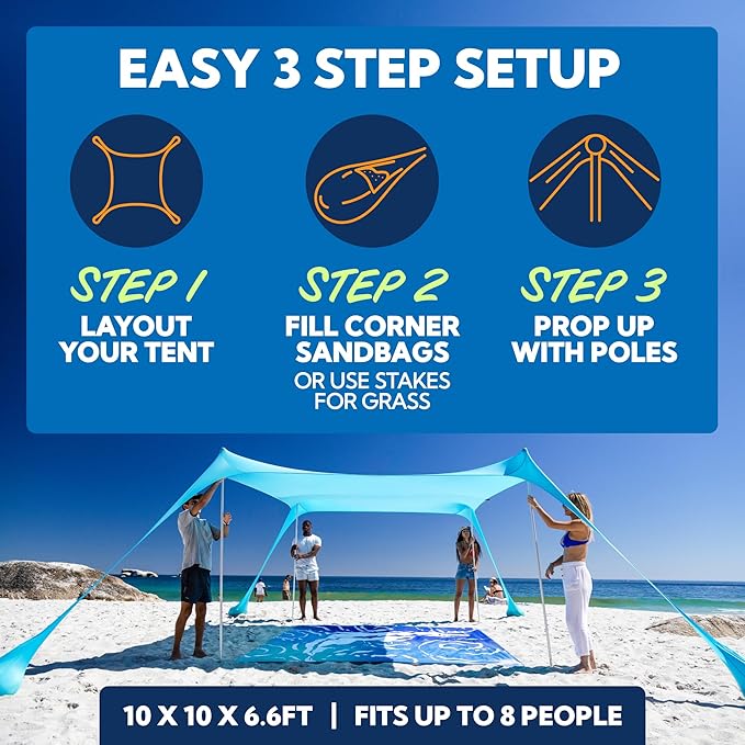 Sun Ninja Beach Tent Sun Shelter UPF50+ - Easy Pop Up Beach Canopy - Outdoor Shade for Camping Trips, Fishing, Backyard Fun Picnics - Sand Shovel, Ground Pegs & Stability Poles