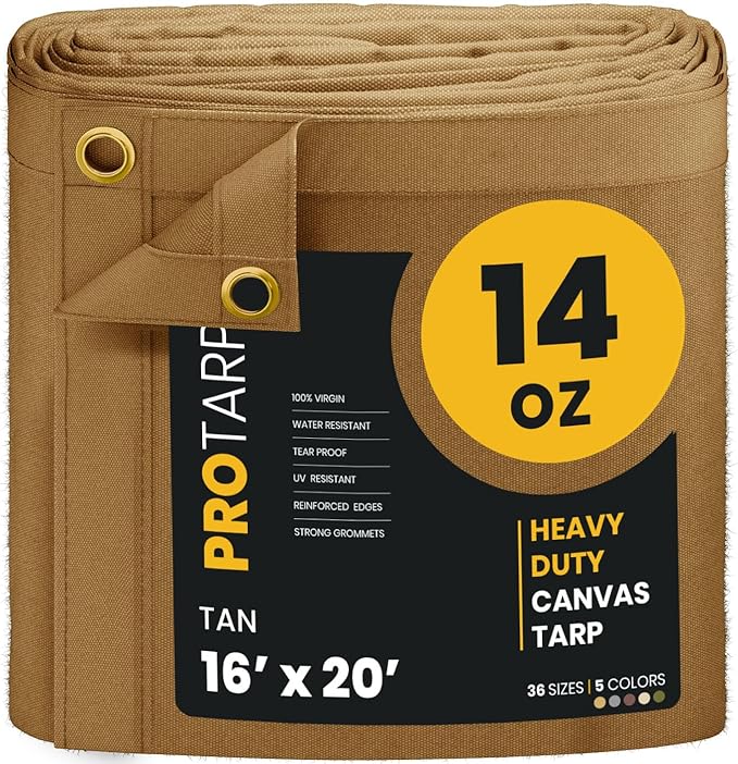 PROTARP Heavy Duty 14 OZ Water Resistant Canvas Tarp, UV Resistant Tarpaulin Cover with Rustproof Brass Grommets, Multipurpose for Canopy, Roof, Camping, Woodpile (Tan 16'X20')