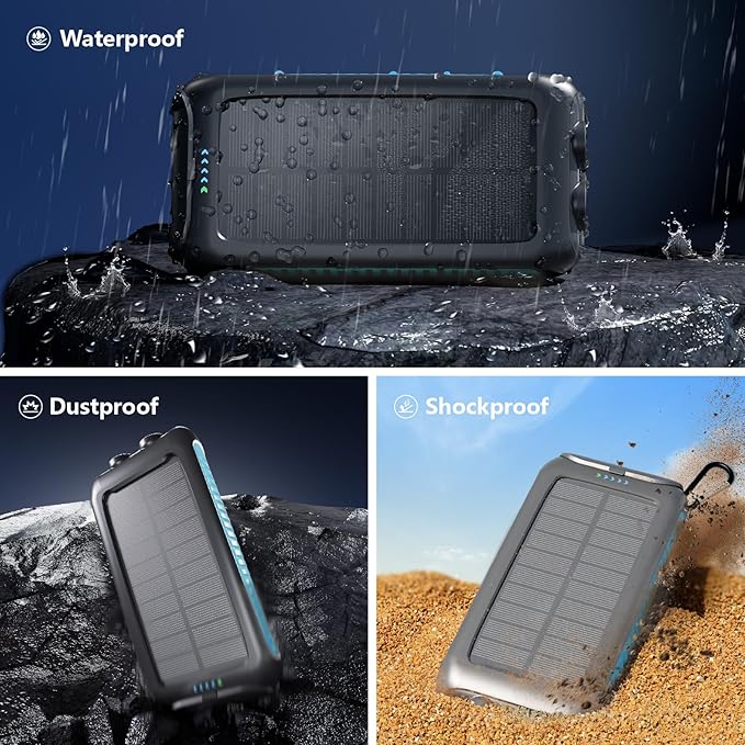 Solar Charger Power Bank 16000mAh Portable 15W Fast Charging Power Bank with QC3.0 USB-C & Dual USB-A Ports for Cell Phones, LED Flashlight, Carabiner, Waterproof Solar Panel for Camping, Outdoor