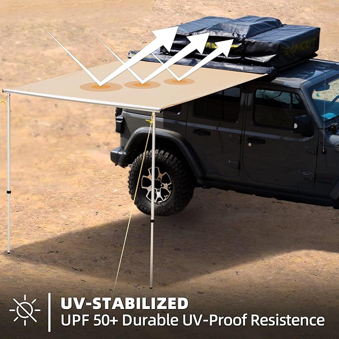 Vehicle Awning, 4.6ft x 6.6ft, Rooftop Pullout Ripstop UPF50+ Side Awning, Reinforced Hinges & Poles for Jeep/SUV/Truck/Van