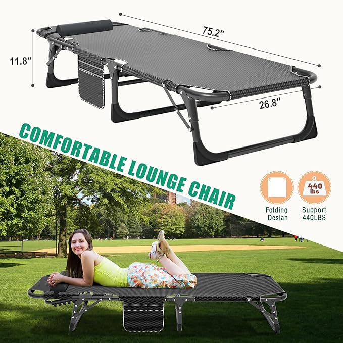 LILYPELLE Folding Outside Chaise Lounge Chair with Mattress, 5 Position Adjustable Patio Folding Lounge Chair Reclining Chairs Perfect for Outside, Sunbathing, Camping, Pool, Beach, Patio, Sand Gray
