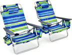 Goplus Beach Chair, Folding Backpack Beach Chairs for Adults with 5 Positions, Head Pillow, Cooler Bag, Towel Bar, Cup Holders, Sunbath Sling Tanning Lounge, Foldable Layout Camping Chairs