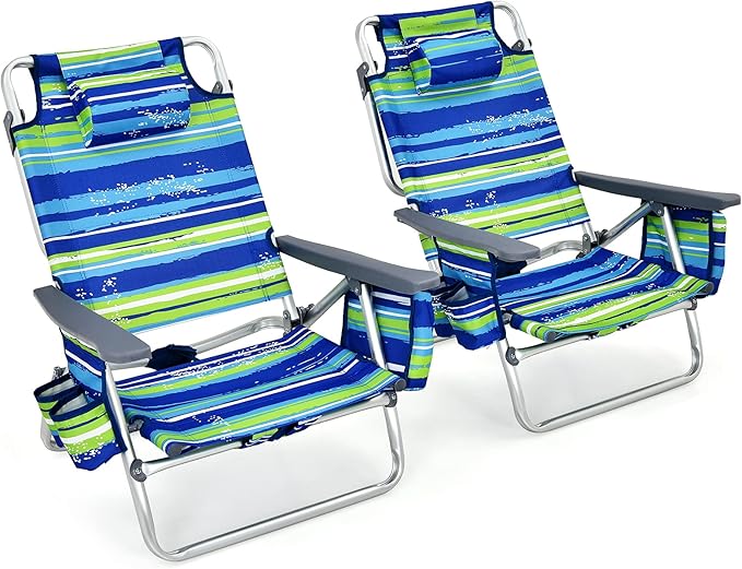 Goplus Beach Chair, Folding Backpack Beach Chairs for Adults with 5 Positions, Head Pillow, Cooler Bag, Towel Bar, Cup Holders, Sunbath Sling Tanning Lounge, Foldable Layout Camping Chairs