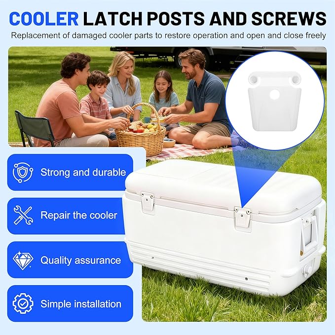 Cooler Latch Posts and Screws, High Strength Cooler Latch Replacement Parts - Latch Posts with Screws to Restore Ice Chest Seals and Enable Normal Cooler Operation.