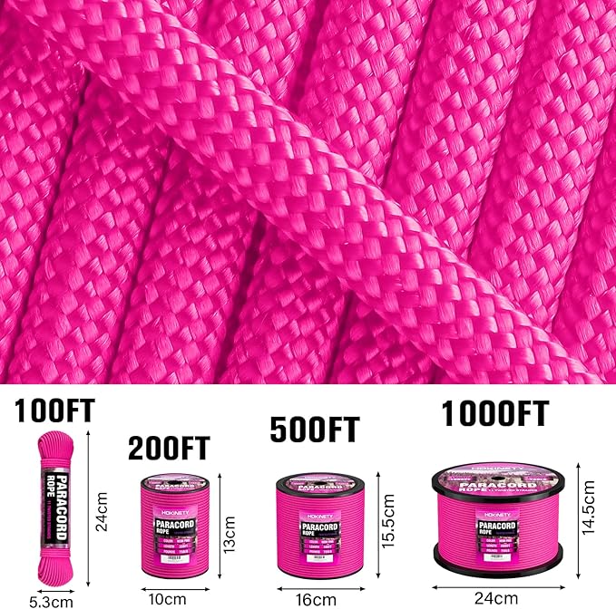Paracord Rope 750 - Parachute para Cord 4mm 11 Strand Spool Rope Utility Nylon String for Outdoor Camping Survival Utility Tent Crafting DIY Projects - Neonpink 1000ft