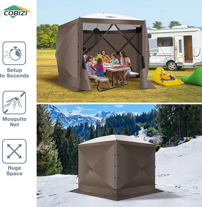 COBIZI Pop Up Gazebo Screen Tent Screen House for Camping, 10FTx10FT Screen Room with Mosquito Netting, Hub Tent Instant Screened Canopy with Carrying Bag and Ground Stakes, Brown