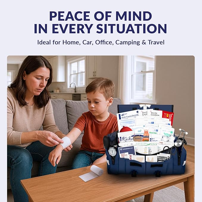 MFASCO Complete Emergency Response First Aid Kit Trauma Bag - 415 Piece Fully Stocked Supplies for Disaster Preparedness | for Business, Schools, Organizations, Groups, Home Safety (Reflective Blue)