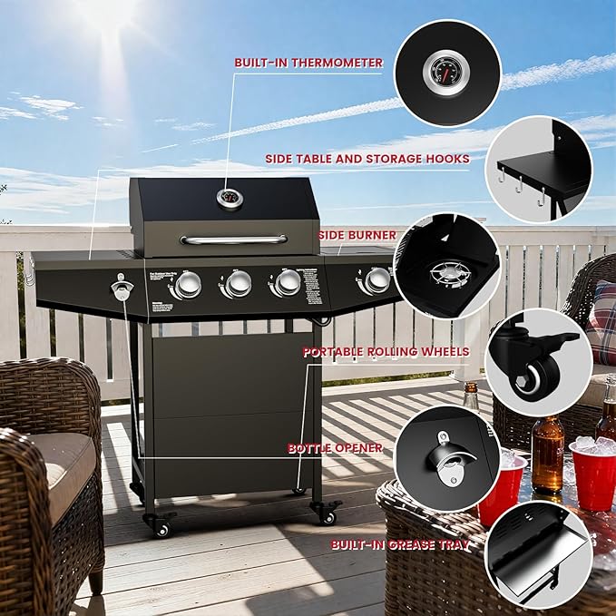 3 Burner Propane Gas Grill with Side Burner, 40,000 BTU Output Propane Grill, Outdoor Gas BBQ Grill with Stainless Steel Grates, Outdoor Cooking for Patio, Camping, Backyard