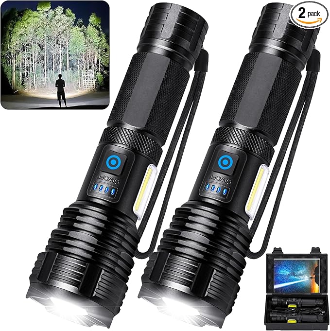 Flashlight Rechargeable Flashlights High Lumens, 99,000 LM Bright LED Flashlight Powered Flash Light, USB Rechargeable Flashlights & Waterproof Handheld Flash lights for Home Camping Hiking(2 Pack)