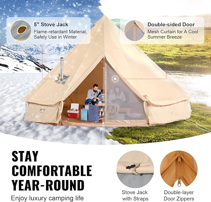 VEVOR Canvas Tent Bell, Yurt 4 Seasons for Camping with Stove Jack, Breathable Holds up to 4 People, Family Camping Outdoor Hunting Party