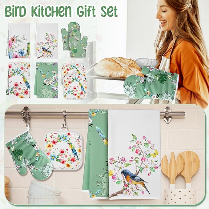8 Pcs Birds Kitchen Gift Dish Towel Pot Holder Oven Mitt Set 4 Tent Car Tea Towels with Funny Sayings Novelty 2 Oven Mitts 2 Pot Holders Coffee Accessories Decor for Rv