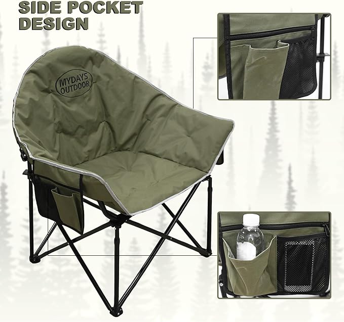 Oversized Camping Chair, Portable Folding Moon Chair with Side Pocket, Heavy Duty Outdoor Chair for Camping, Beach, Backyard, Support 400lbs(Green)