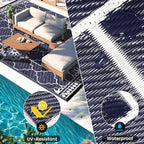 8x10Ft Outdoor Rug, Solar Powered Outdoor Rug with 113LEDs Strip Lights, Waterproof Plastic Reversible Outdoor Straw Rugs, Rugs Mat for House Deck RV Camping Patio Beach Balcony Picnic (Blue White)